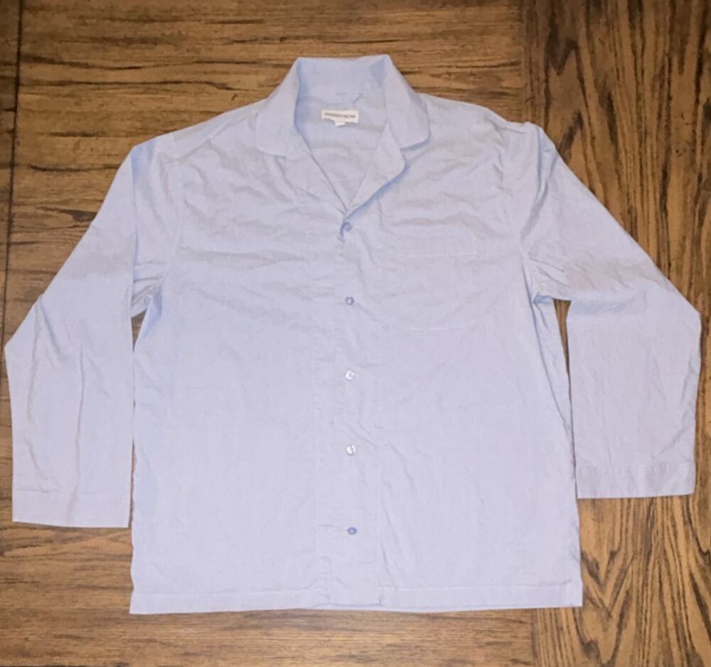 Nordstrom Men's Light Blue Pajama Top L Cotton Blend Long Sleeve Button Up